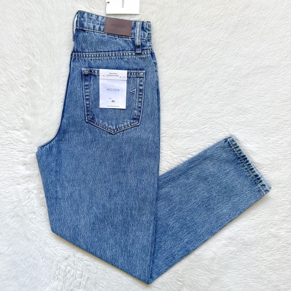 HIDDEN Zoey Tapered Mom High Rise Ankle Cropped Acid Wash 100% Cotton Jeans - Picture 3 of 12
